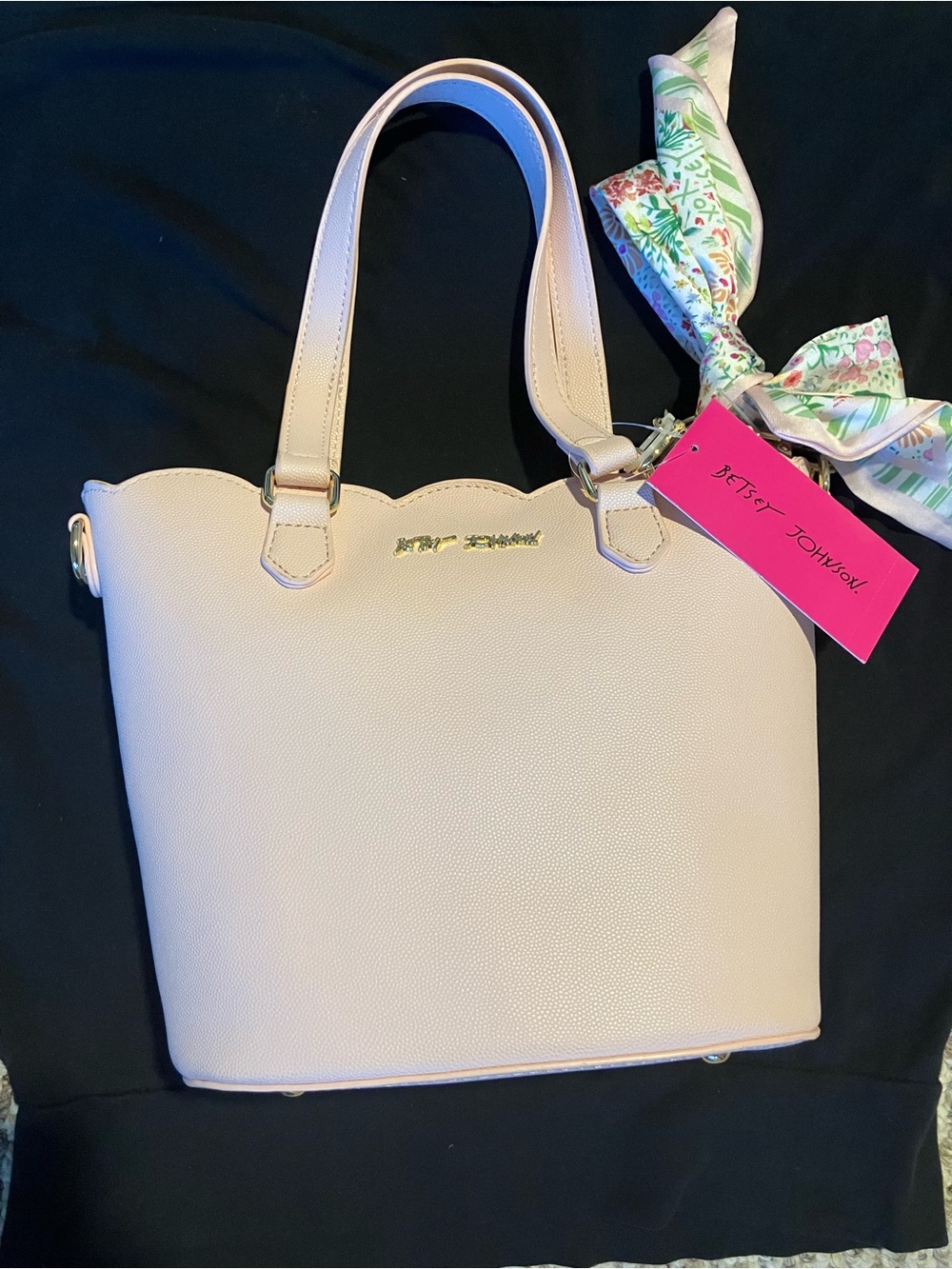 Betsey Johnson Light Pink Scalloped Top Tote with Scarf Accent